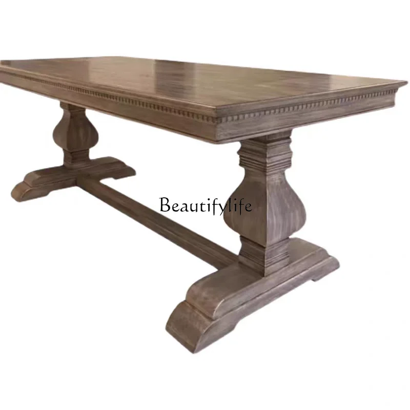 

Retro solid wood large board long table American country log old dining table