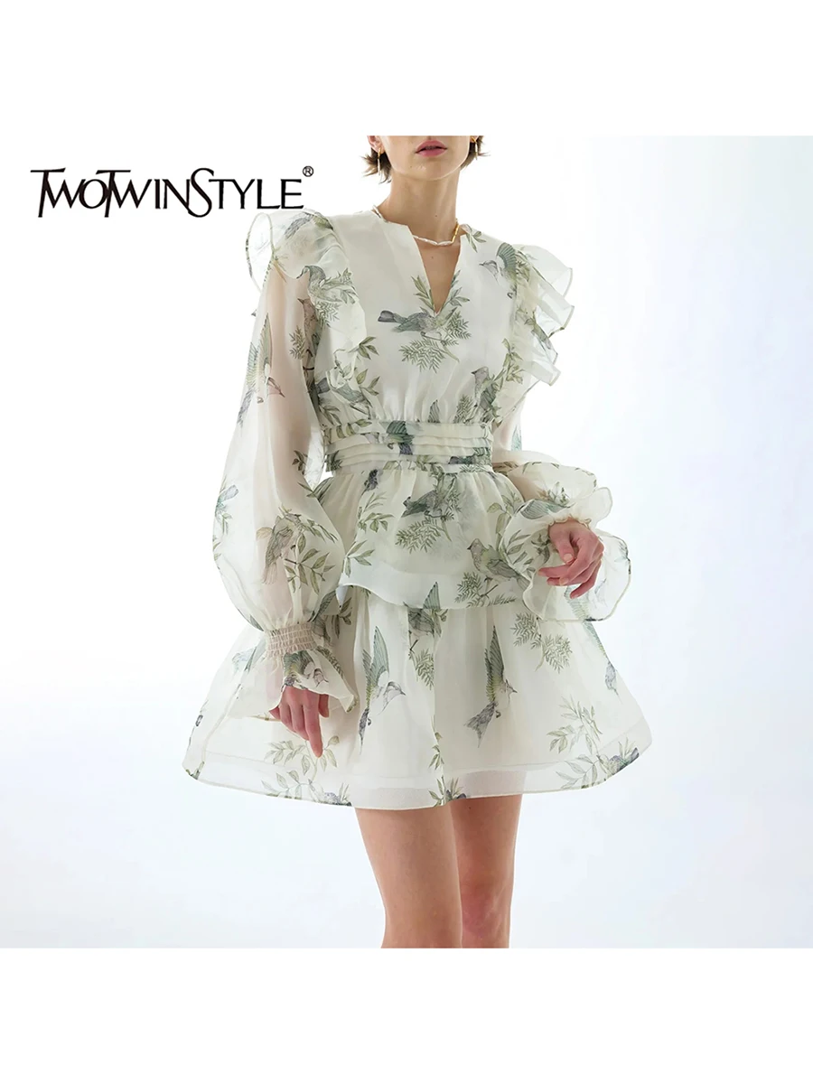 투트윈스타일 우아한 프린팅 시스루 러플 드레스 여성용 V넥 긴팔 하이웨이스트 기품있는 드레스