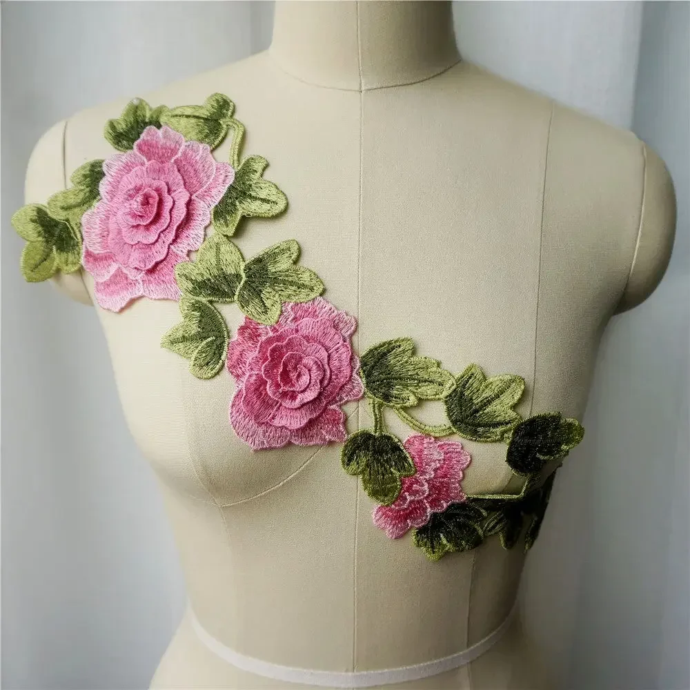 Red Blue Pink Embroidered 3D Flower Leaves Gown Appliques Lace Fabric Collar Sew Patch Forest For Wedding Decoration Dress DIY