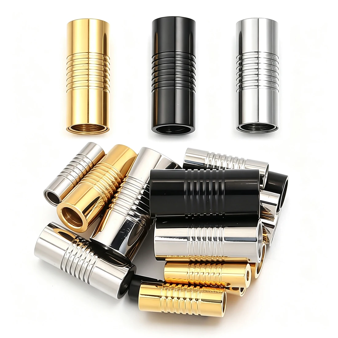 10Pcs Grooved Cylinder Magnetic Clasps Stainless Steel Tube Magnet End Connector Leather Cord Bracelet Necklace DIY Craft Parts