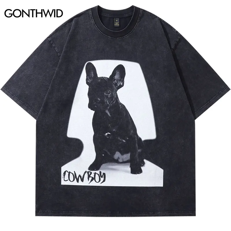 

Vintage Black T-Shirt Bulldog Dog Graphic Print Oversized Tshirt Hip Hop Loose Washed Shirts Men Summer Harajuku Cotton Top Tees