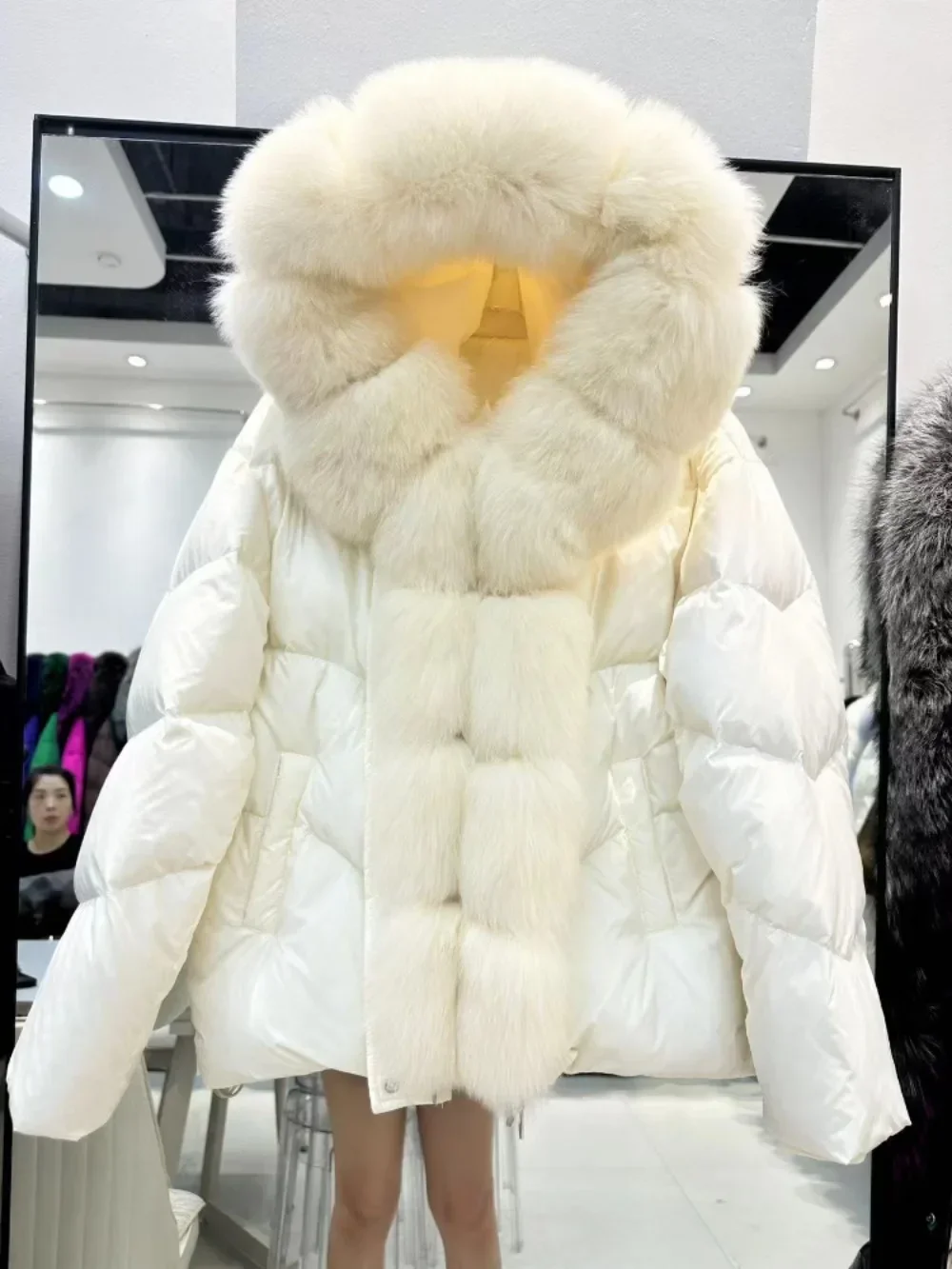 Real Fox Fur Coat White Duck Down Jacket 2024 Winter Fashion Casual Women Hooded Warm Down Coat Female Office Lady Real Fur Coat