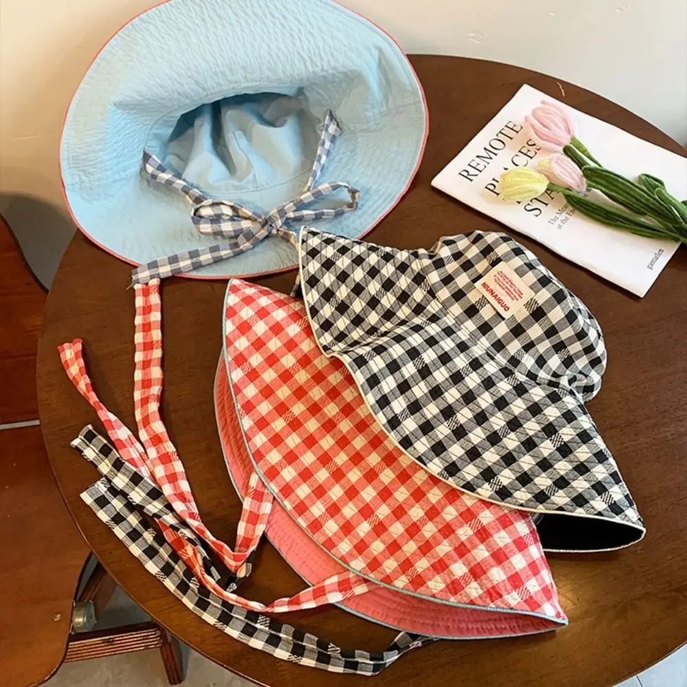 Ins Summer Plaid Bucket Cap Tie Strap Wide Brim Sunscreen Hat Sweet Two-sided Fisherman Caps Travel