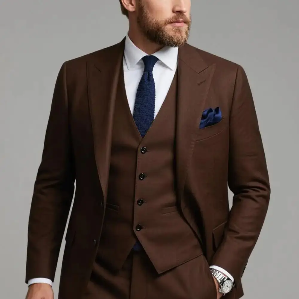 

Elegant Wedding 3 Piece Jacket Pants Vest Full Set Single Breasted Notch Lapel Blazer Brown Male Clothing Business Men's Suits