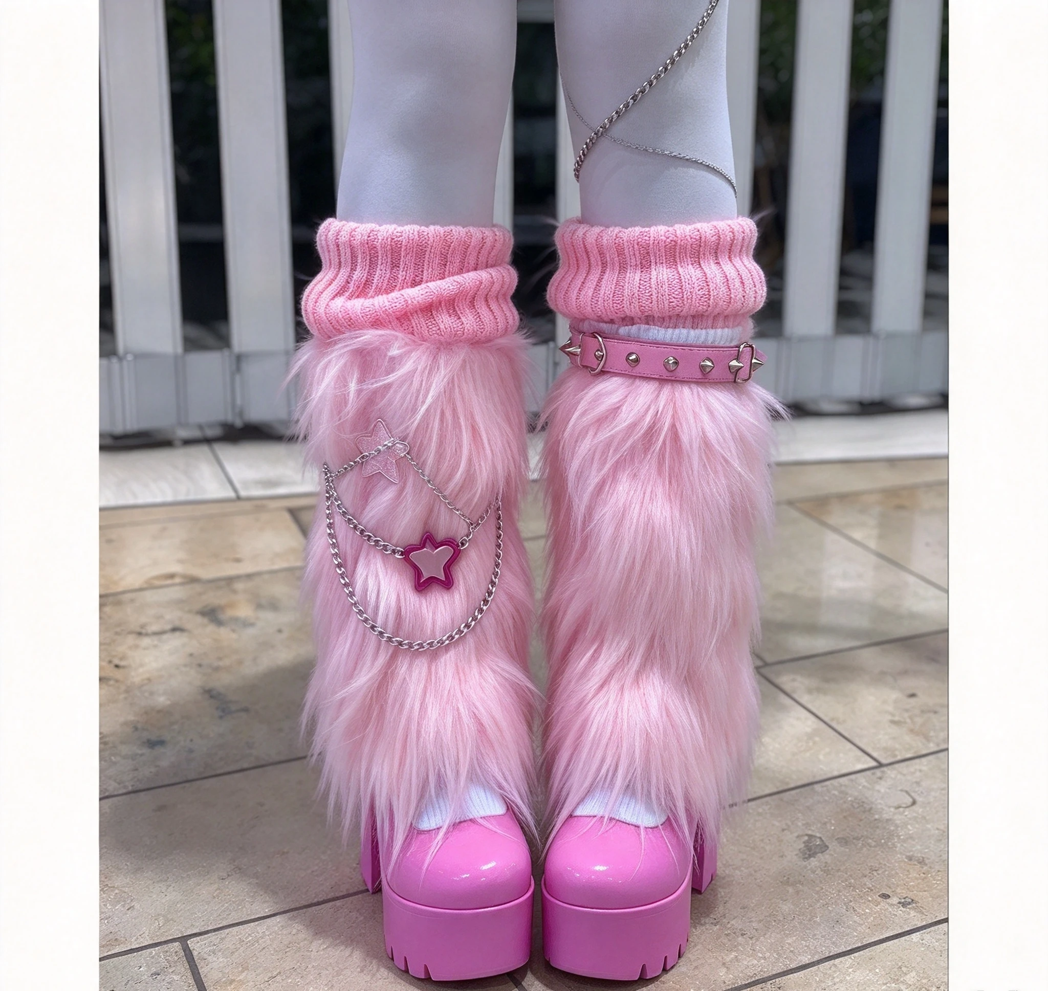 Women Pink Faux Fur Platform Boots Chunky Heel Knit Cuff Star Pendant Chain Decor Fluffy Winter Fashion Street Mid Calf Boots