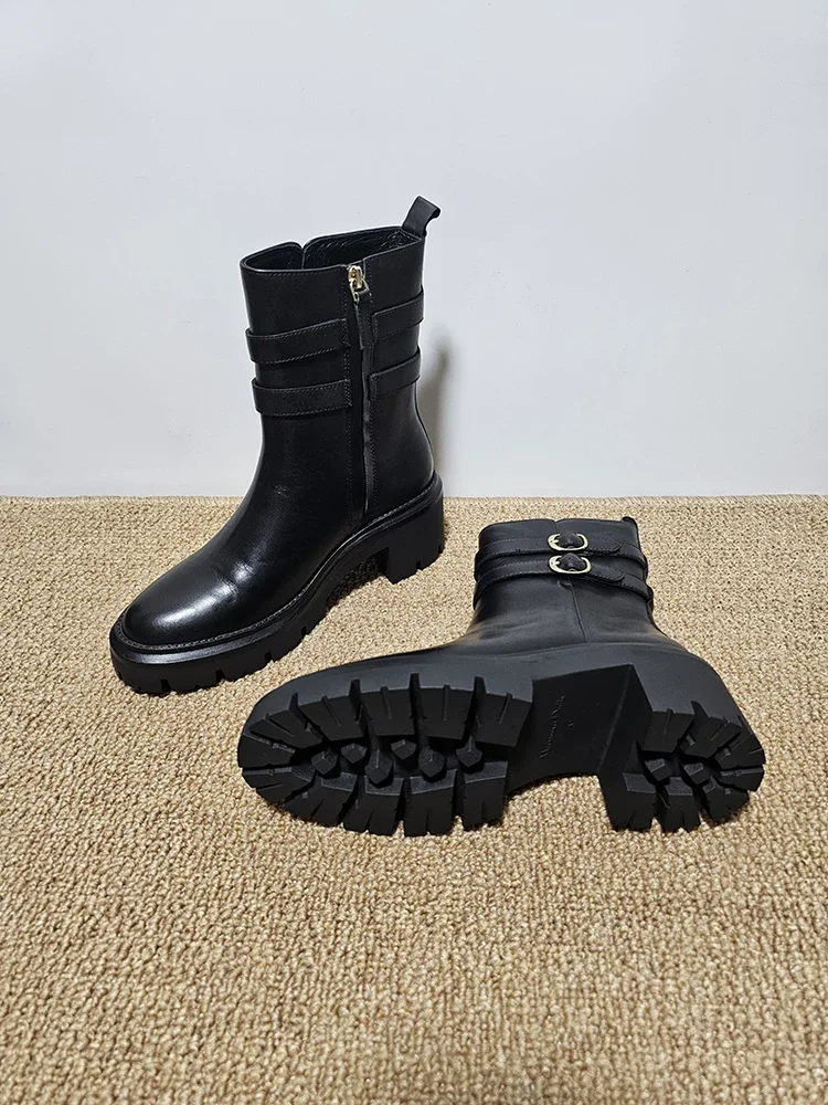 2024 New Fashion Chunky High Heels Women\'s Boots Casual Party Woman Shoes Black Boots Winter Zipper Leather Short Boots