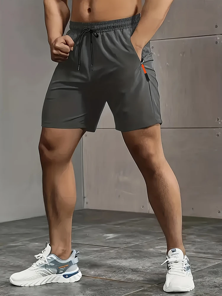Outdoor Men's Fitness Running Shorts Men Ice Silk Breathable Quick Dry Zipper Pockets Drawstring Loose Fit Shorts for Gym Hiking