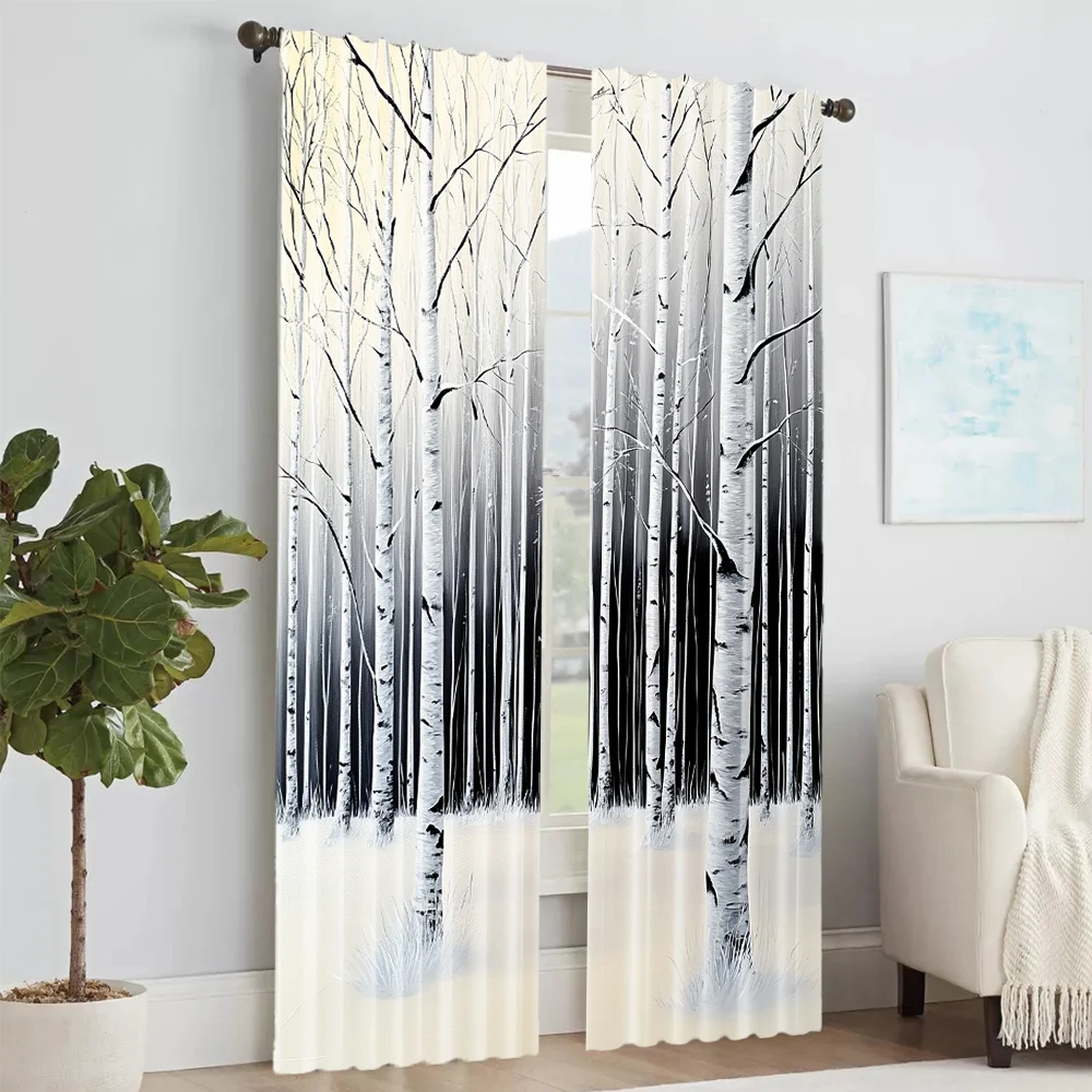 2Pcs Birch Forest Print Window Curtains Rod Pocket Design For Easy Hanging Perfect For Bedroom Living Room Office And Home