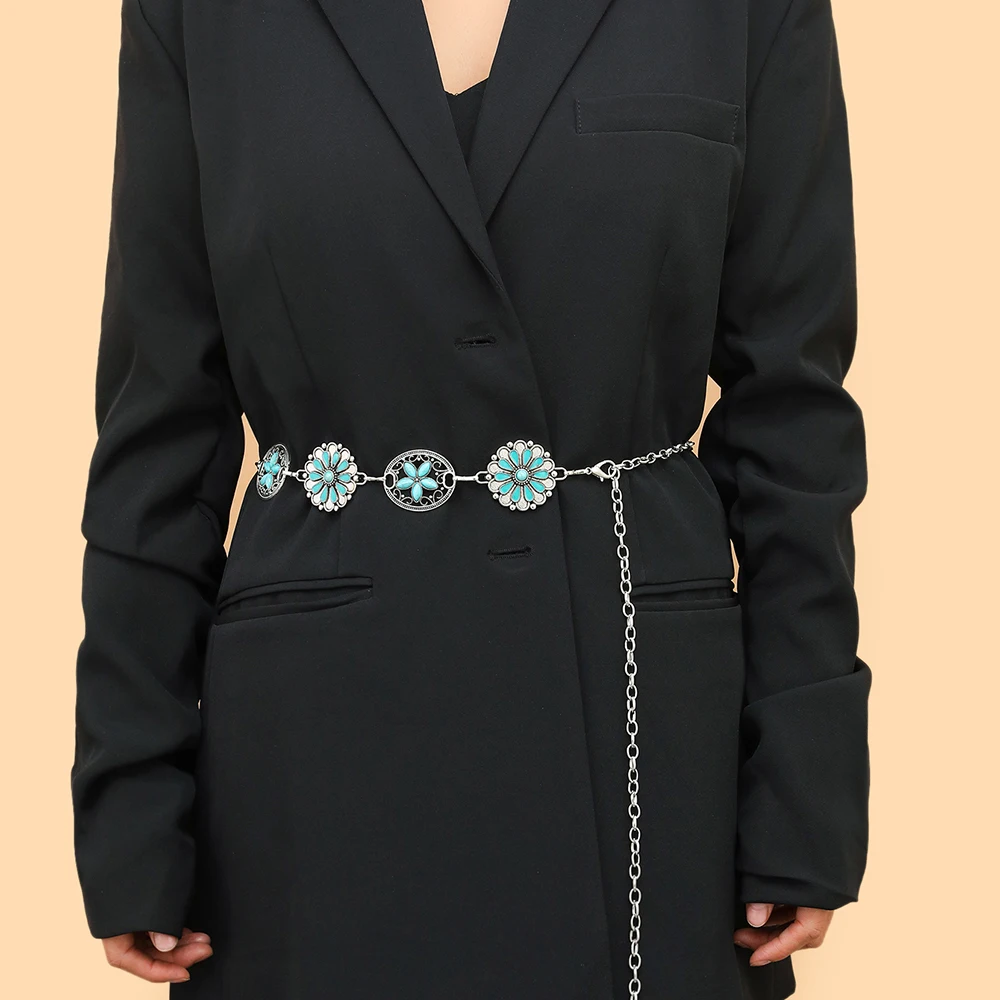 

Fashion Woman Turquoise Decor Metal Alloy Enameled Chain Belts for Women