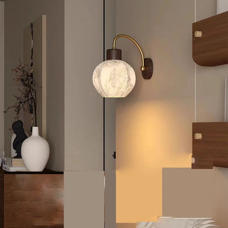Chinese Bedroom Bedside Wall Lamp Modern Home Decoration Living Room Corridor Background Wall Lamps Printed Fabric Wall Lights