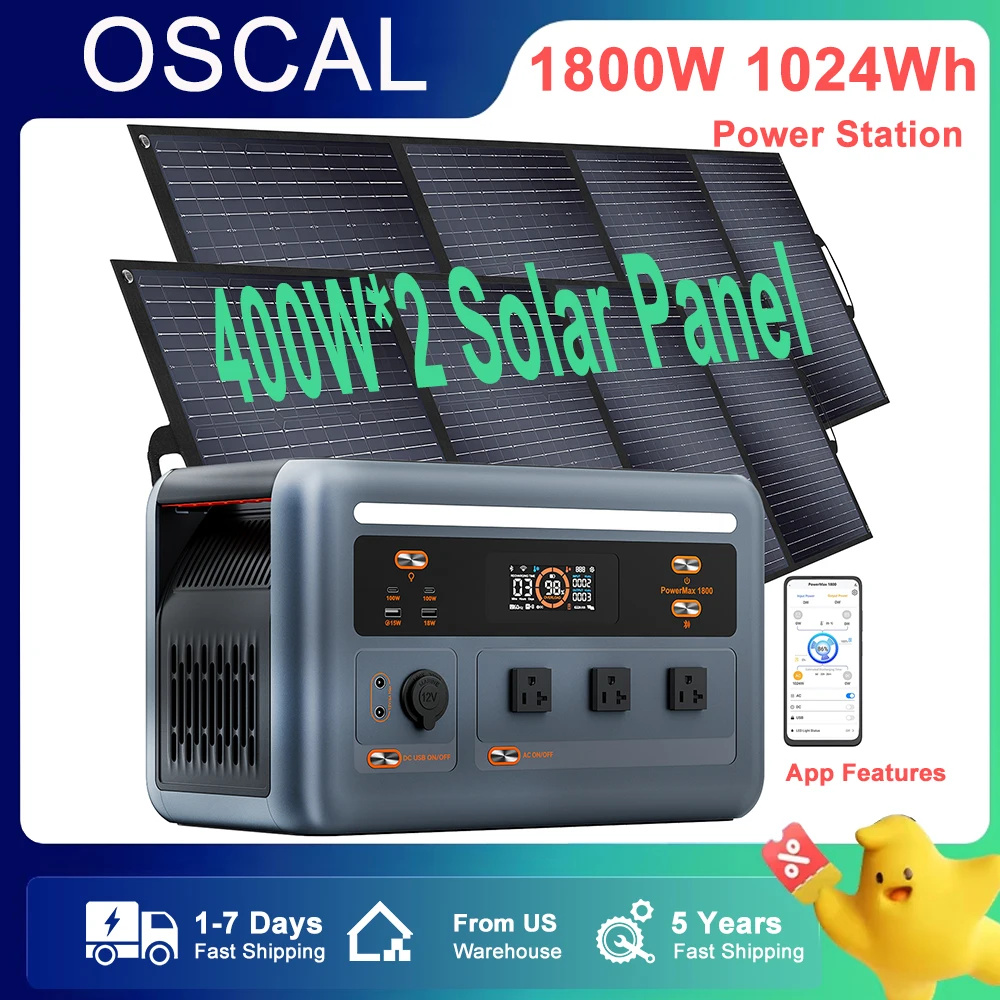 

OSCAL Powermax 1800 Powerstation With 2PCS Solarpanel 400W LiFePO4 Battery 1024WH Camping Generator 1800W Power Supply for Home
