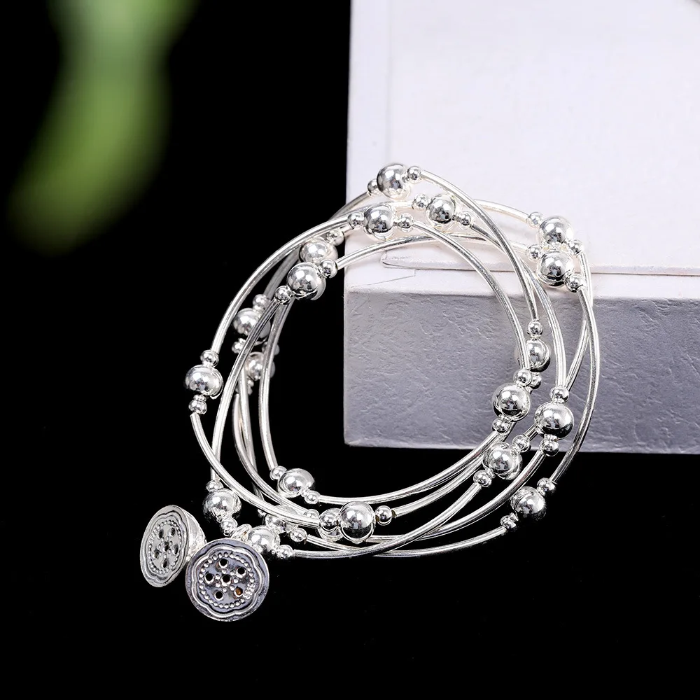 BOCAI 925 Sterling Silver Charm Bracelets Seedpod of The Lotus Small Bell Simple Bangle Women's Pure Argentum Hand Chain Jewelry