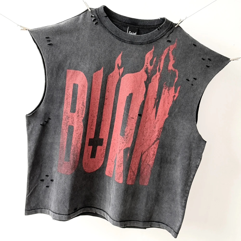 Nice Washed Saint BURN & BREAK THE RULES Sleeveless T-shirt Men Women Oversized Tops Tee T Shirt