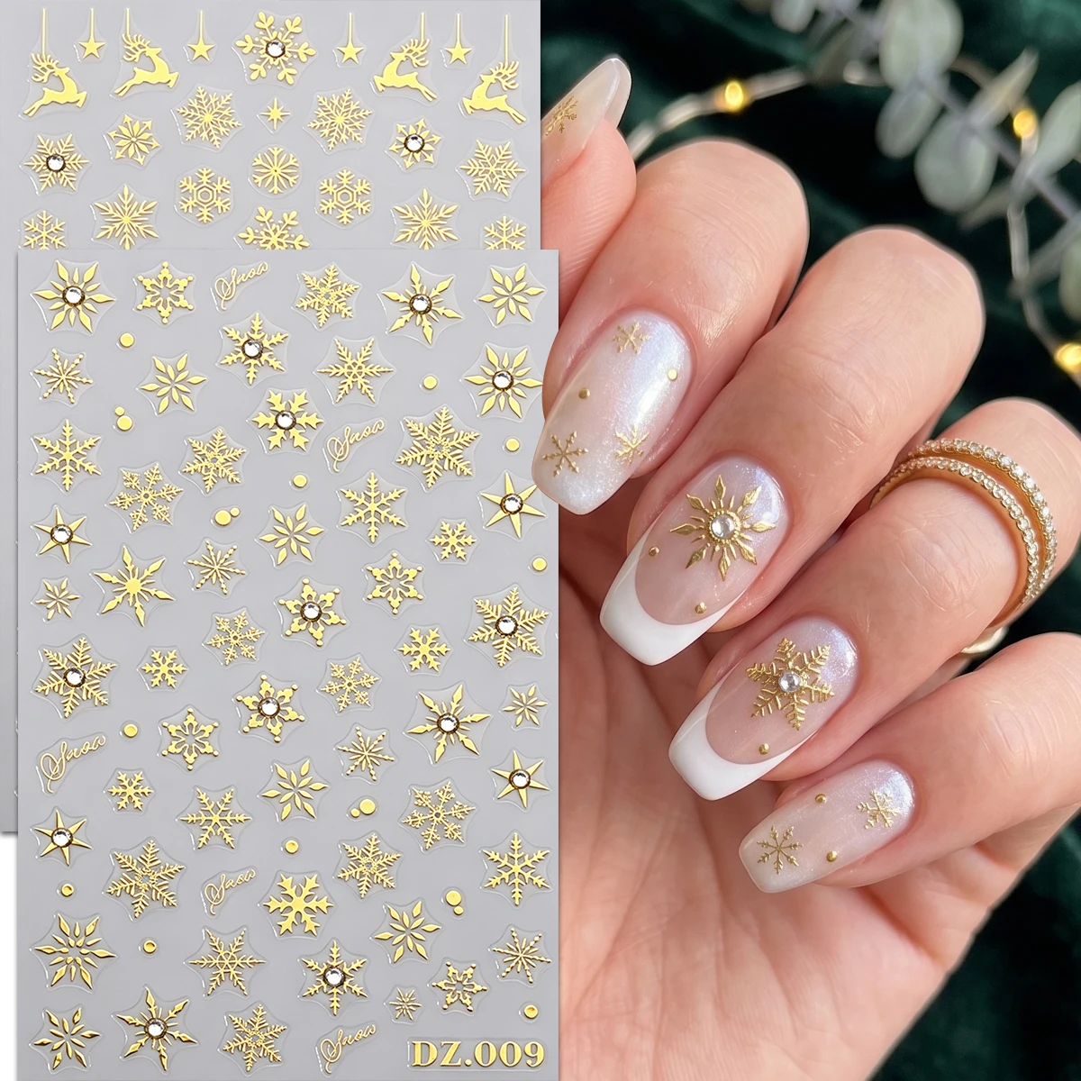 2PCS Gold Christmas Nail Stickers, Snowflake Reindeer Decals, 3D Winter Nail Artist Supplies for New Year Holiday Party