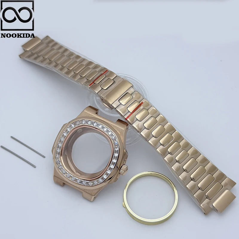 NOOKIDA New 41mm Diamonds PP Nautilus Watch Accessories Case with Black Case + Strap with NH35/NH36 Movement for 30.5mm Dial