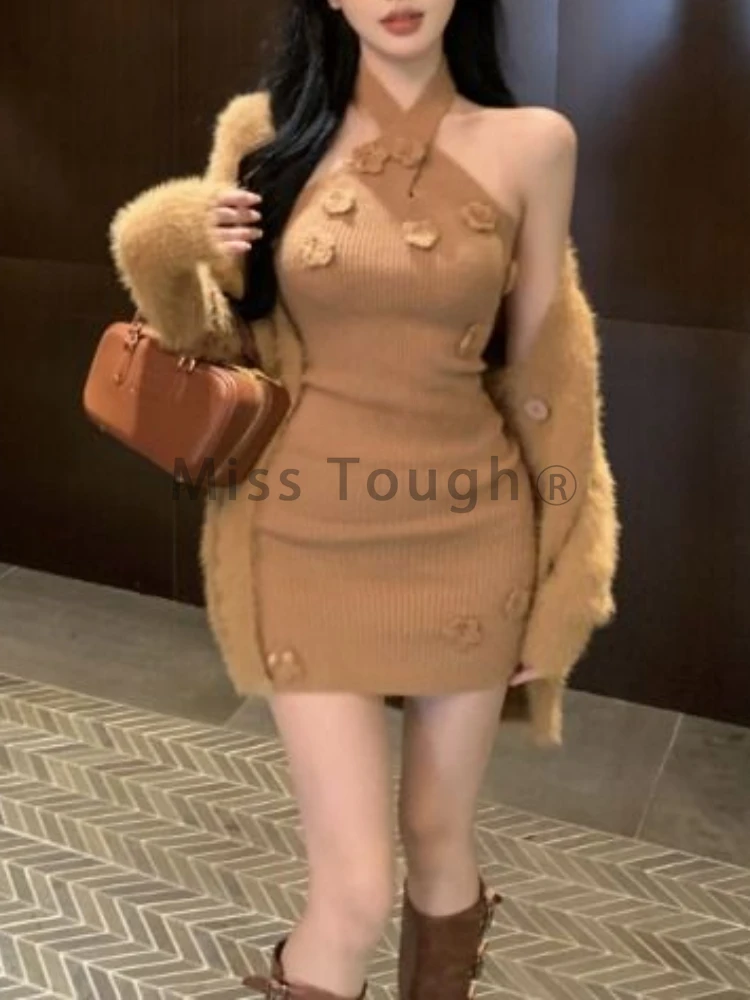 Winter Retro Sexy Knitted Brown 2 Piece Sets Loose Knit Cardigan + Slim Dress New Korean Fashion Casual Vintage Y2k Style Suits