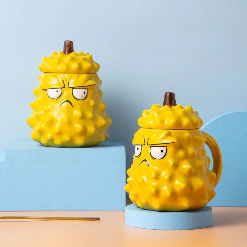 Cute Durian Ceramic Mug with Lid, Funny Teacup, Household Creative Drinking Cup, Anti-scald Handle, Strange Birthday Gift