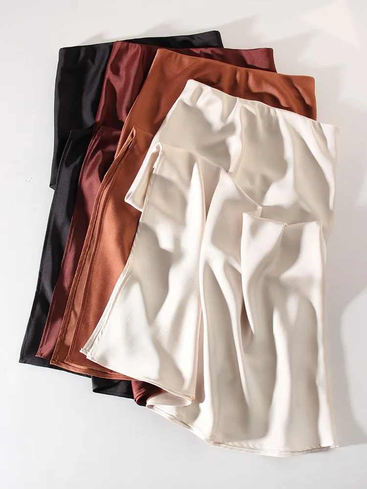 Streamgirl Maxi Solid Slit Skirts For Women Long Elegant Summer Office Champagne Satin Skirts Elastic Waist Women's Summer Skirt
