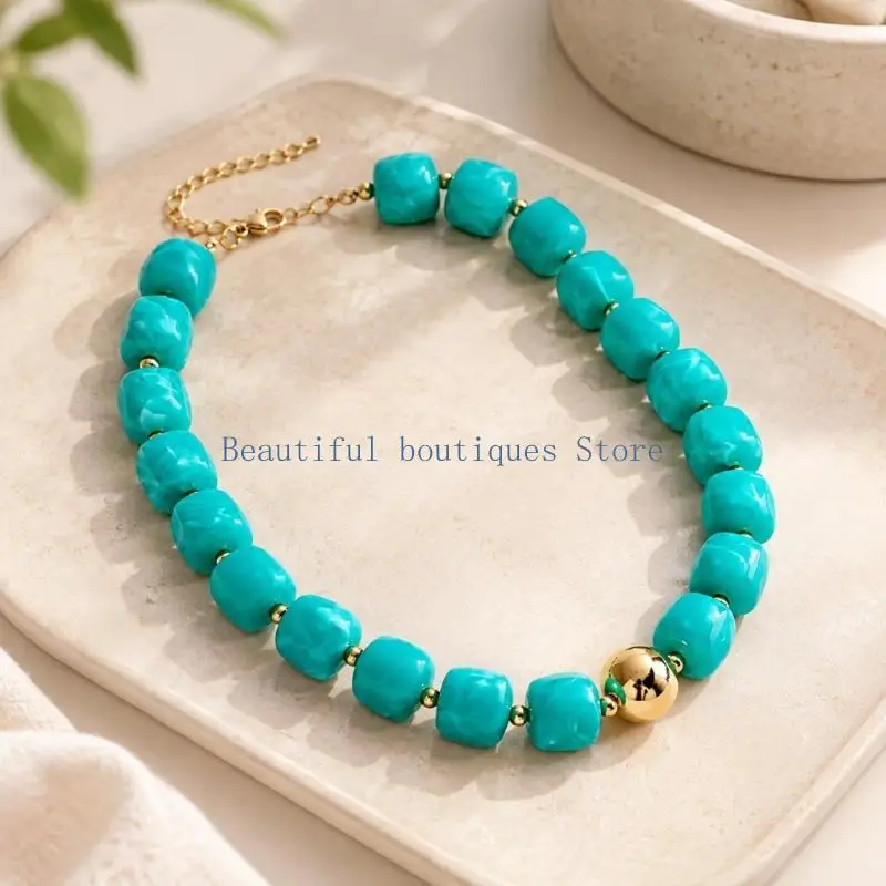 U4LF Patterned Acrylic Bead Necklace with Rounded Square Beads, Gold-Tone Spacer and Adjustable Chain Closure