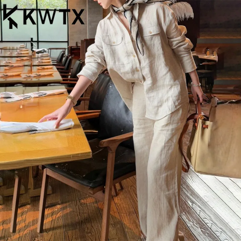 

KWTX Linen Two Piece Set Shirt Top Wide Leg Pants Natural Elegant Luxury Designer Spring Summer 2025 With Pockets