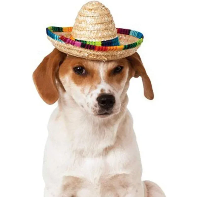 Funny Mexican Sombrero Cap Pet Mini Straw Hat Dog & Cat Straw Sombrero Hat Small Dog Clothes Pet Caps for Halloween Party