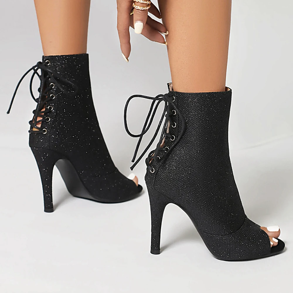 New Style Ladies Peep Toe Ankle Boots Women Suede High Heels Back Lace-Up Dance Shoes Lady Black Sexy fish mouth Booties 42