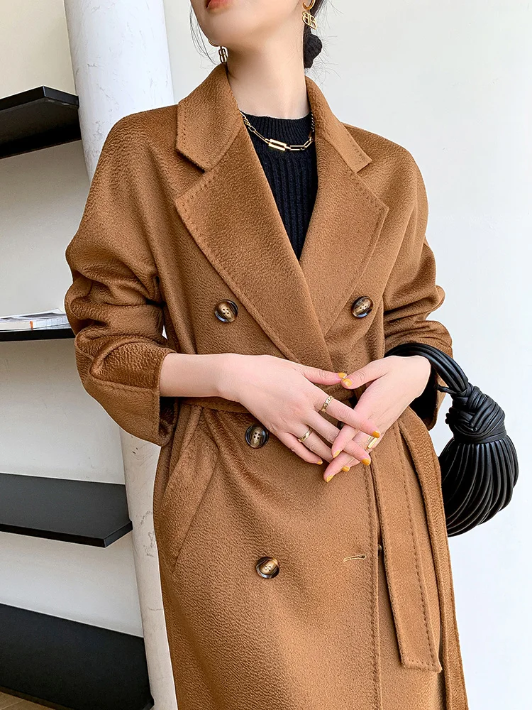 Heigh Level Water Ripple Wool Coat Double-Breasted Solid Double Face Wool Coats Autumn Winter Overover The Knee Woolen Overcoat