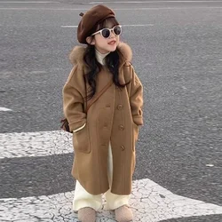 Girls Woolen Coat Overcoat Jacket Windbreak Outerwear 2024 Furs Thicken Winter Warm Snowsuits Christmas Gift Children's Clothing