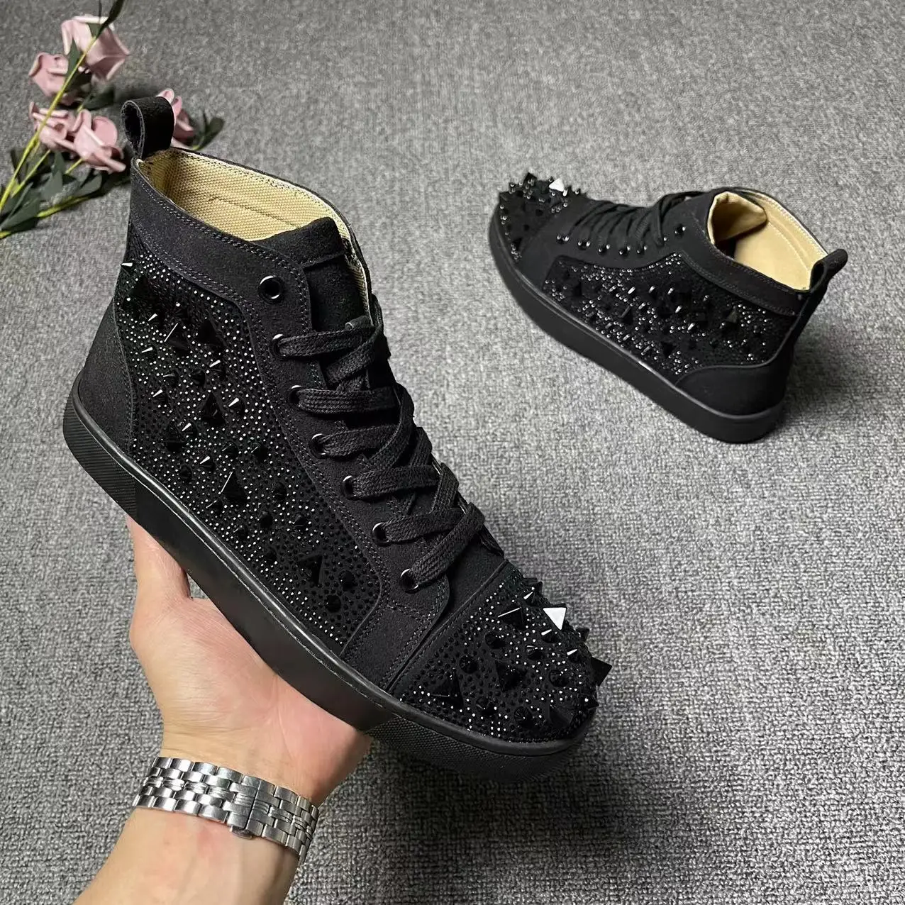 mens casual original leather boots lace-up flats rivets shoes singer stage DJ dress studded sneakers designer spikes ankle botas