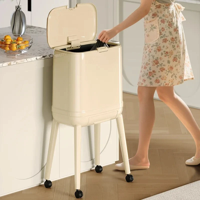 

Trash Can Kitchen Large Capacity with Lid Fashion Press-type No Bend Over Movable Bathroom Living Room Trash Can