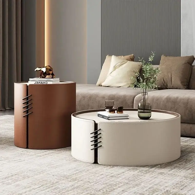 Light Luxury Small Modern Coffee Table with Stone Slab & Solid Wood Eco Board for Living Room
