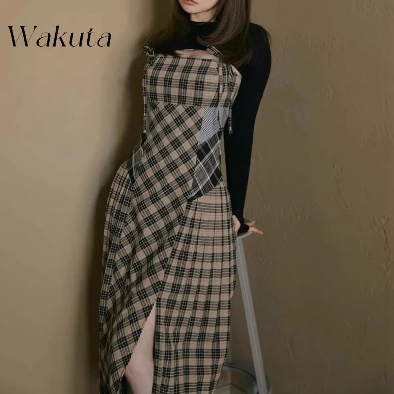 WAKUTA Japanese Retro Hollowed Out Sleeveless Plaid Dress Fashion Autumn Winter Waisted Hip Y2k Dress with Shawl Female Clothing