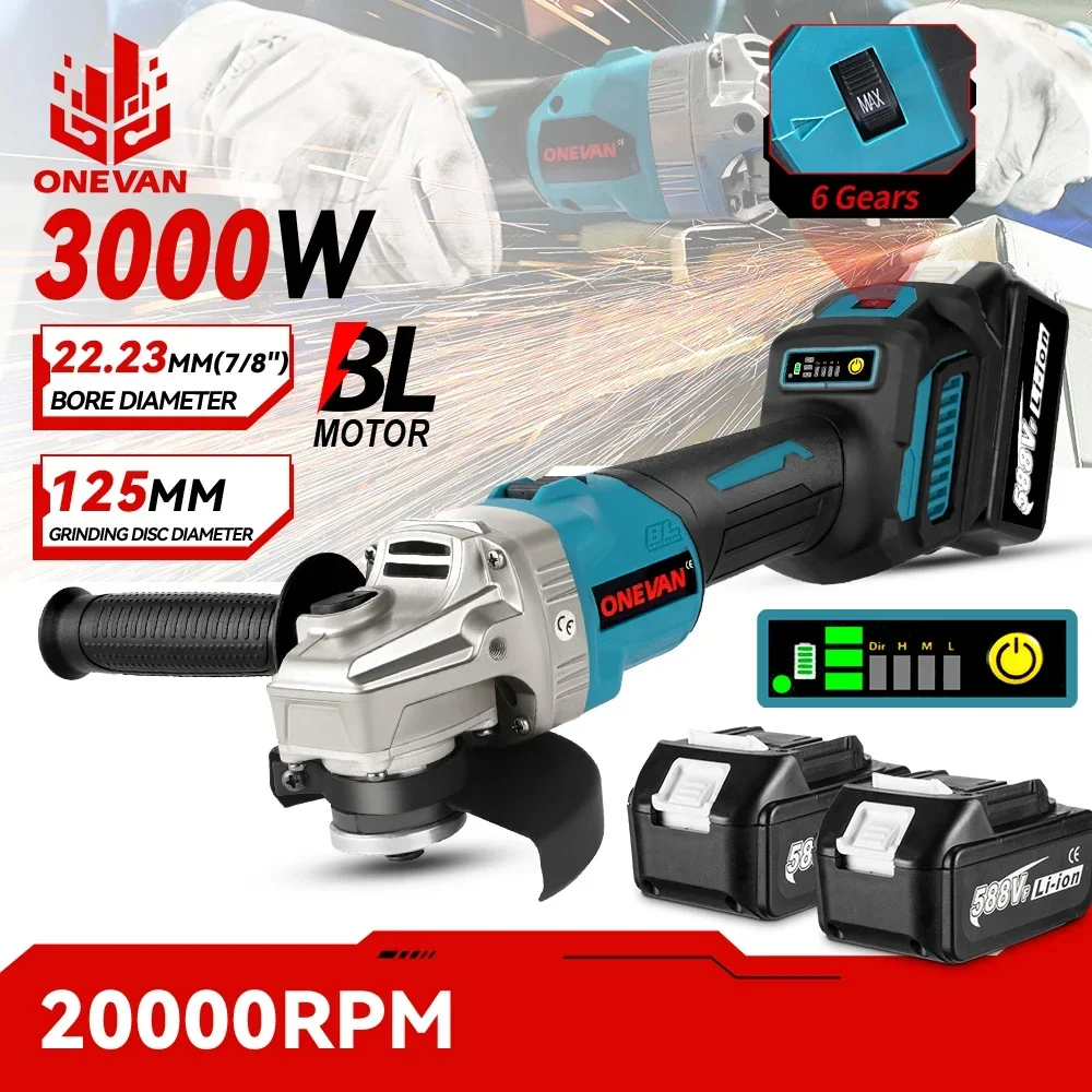 2000W 125mm Brushless Cordless Angle Grinder Variable 6 Speed Polishing Cutting Machine 588VF Power Tool For Makita 18V Battery