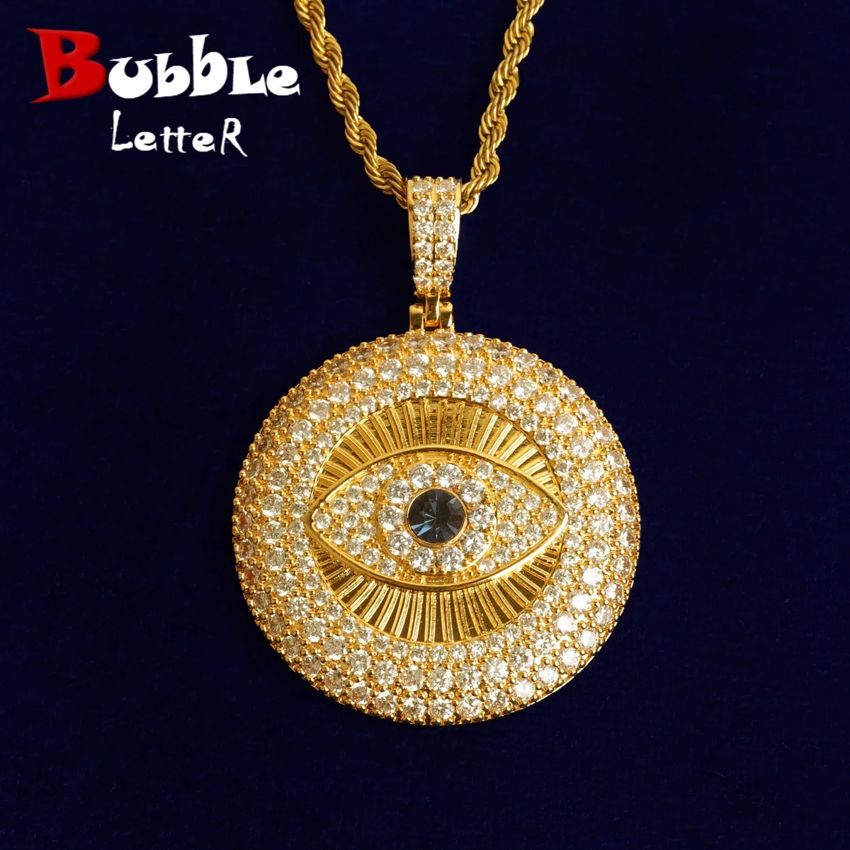 Bubble Letter Evil Eye Necklace for Men Iced Out Pendant Real Gold Plated Hip Hop Jewelry