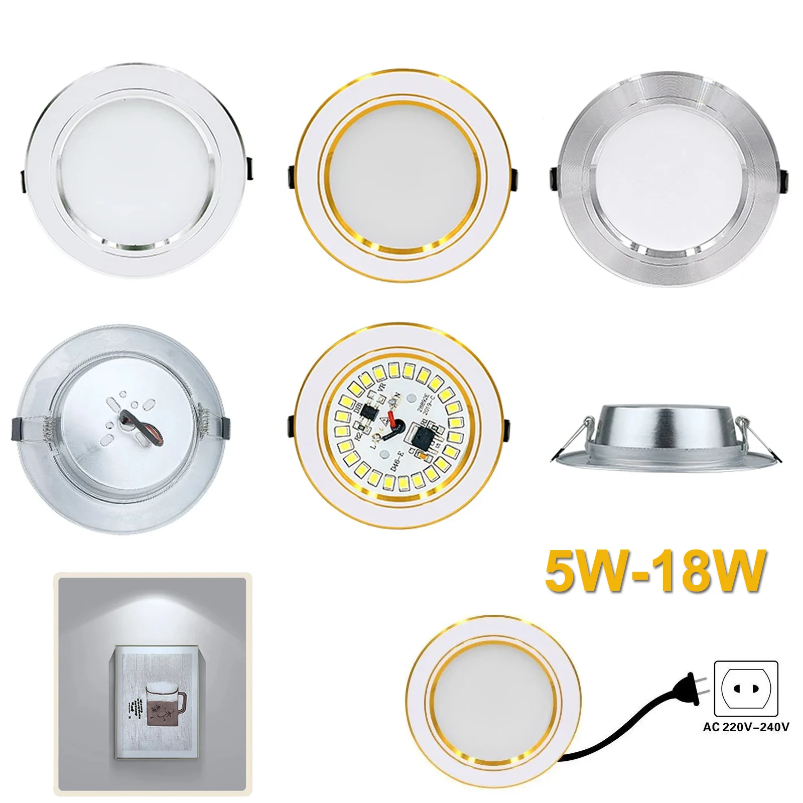

5w 9w 12w 15w 18w Led Downlight 230v Recessed Home Spotlight Spot Ceiling Light Downlights Silver Round Cool White Energy Saving