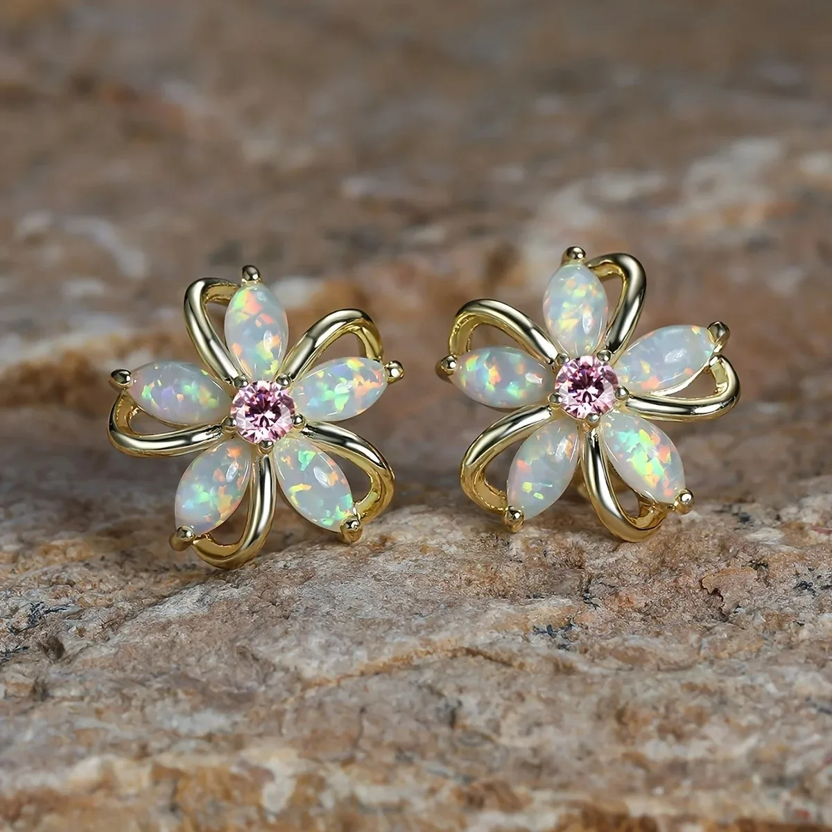 1pair Shine Charm Synthetic Opal Treasure Flower Dainty Stud Earrings Women's Jewelry Daily Wear Gift for Parties and Holidays