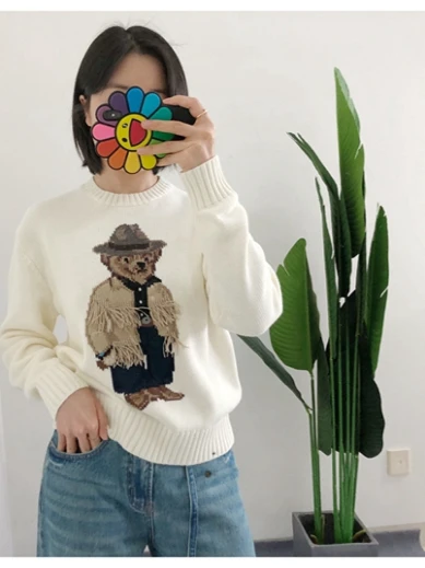 Women's round Ne Knitted Pure Cotton Sweater Bear Tassel Handmade op Overhead irt Warm Autumn Winter Faion Commute