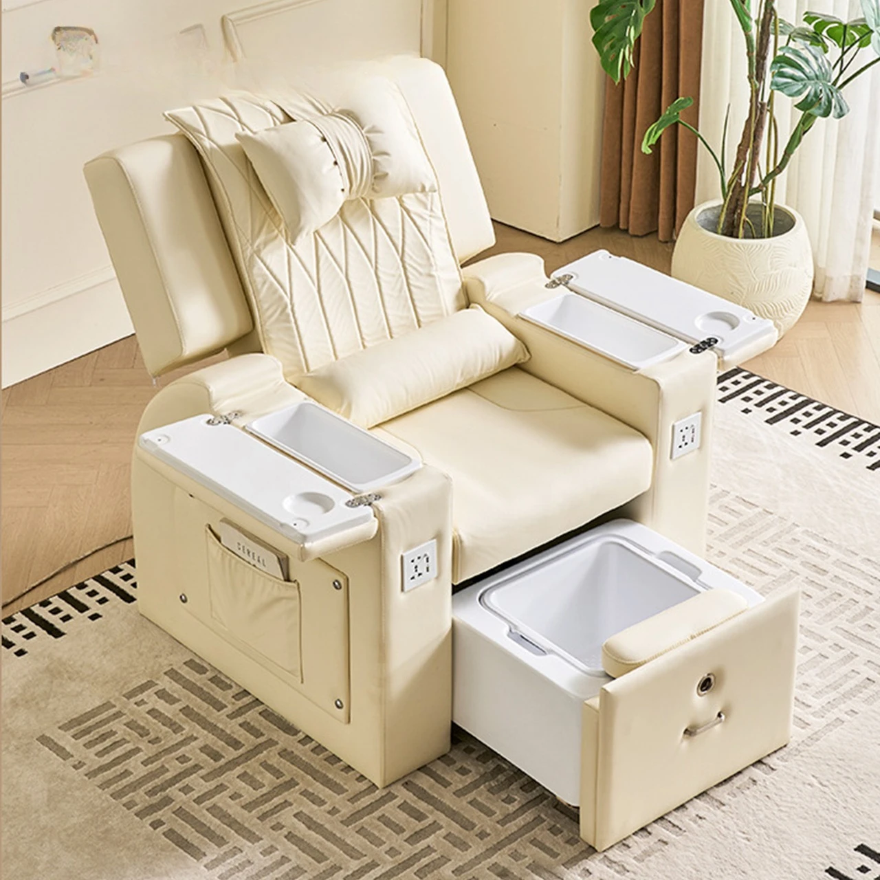 Electric Reclining Pedicure Chair with Foot Bath Spa Water Circulation Jet & LED Light PU Leather Nail Salon Foot Massage Chair