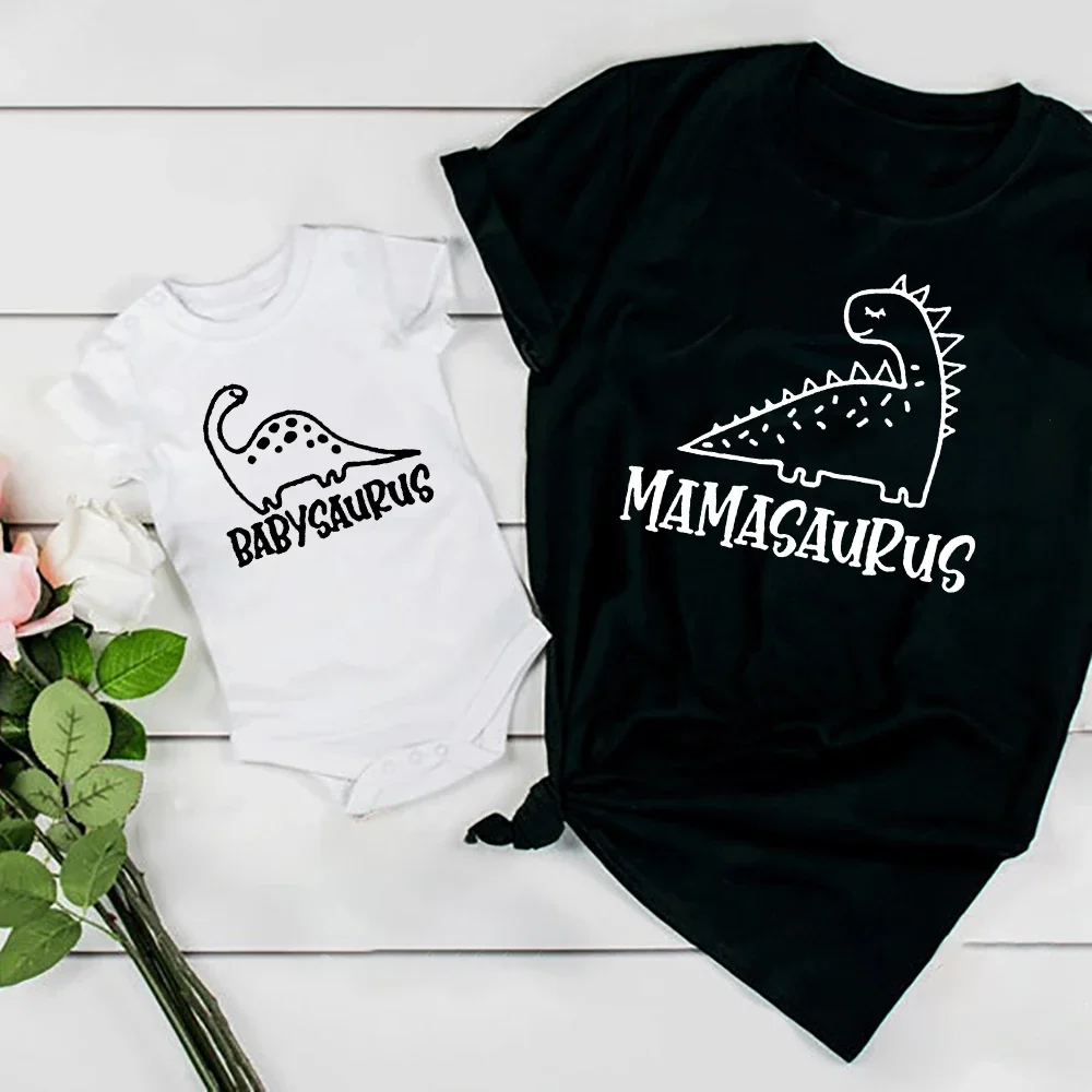 Mamasaurus Short Sleeve T-shirts Babysaurus Shirt Family Matching T-shirt Mother and Baby Matching Shirts Gift Tees Dinosaur Top