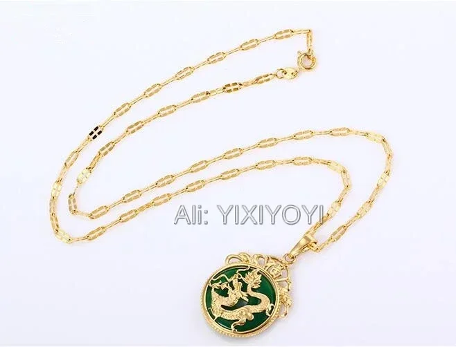 Beautiful Natural Green Jade Inlay Gold Chinese Dragon Amulet Lucky Jade Pendant + Free Necklace Fine Jewelry