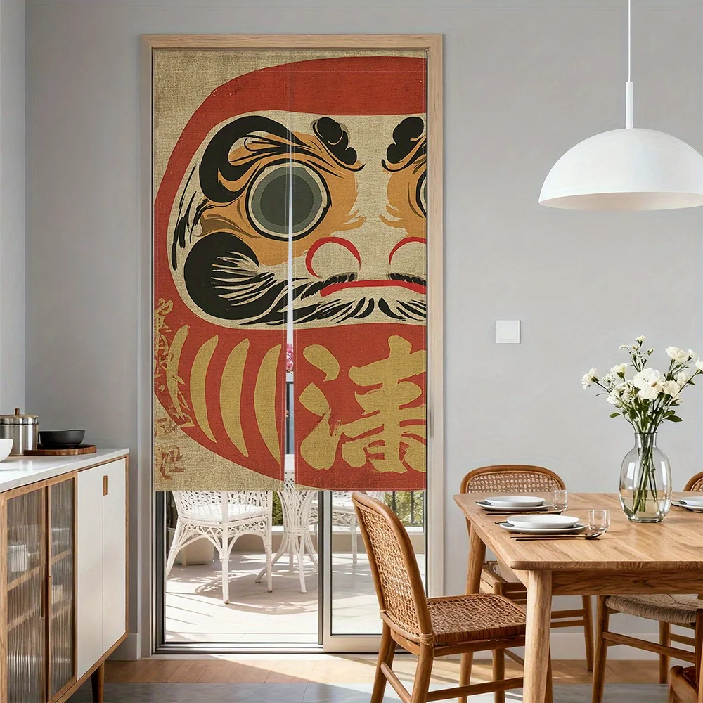 Flag Shape Daruma Lucky Cat Door Curtain - 2D Flat Print Rod Pocket Partition Drape for Kitchen Restaurant Entryway Decor