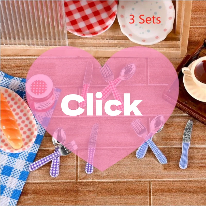 ชุดของเล่นครัวจิ๋วสำหรับบ้านตุ๊กตา 3 ชิ้น ชุดช้อนส้อมลายสก็อตโลหะผสม ของตกแต่งบ้านจำลอง ของเล่นเด็ก ของขวัญ