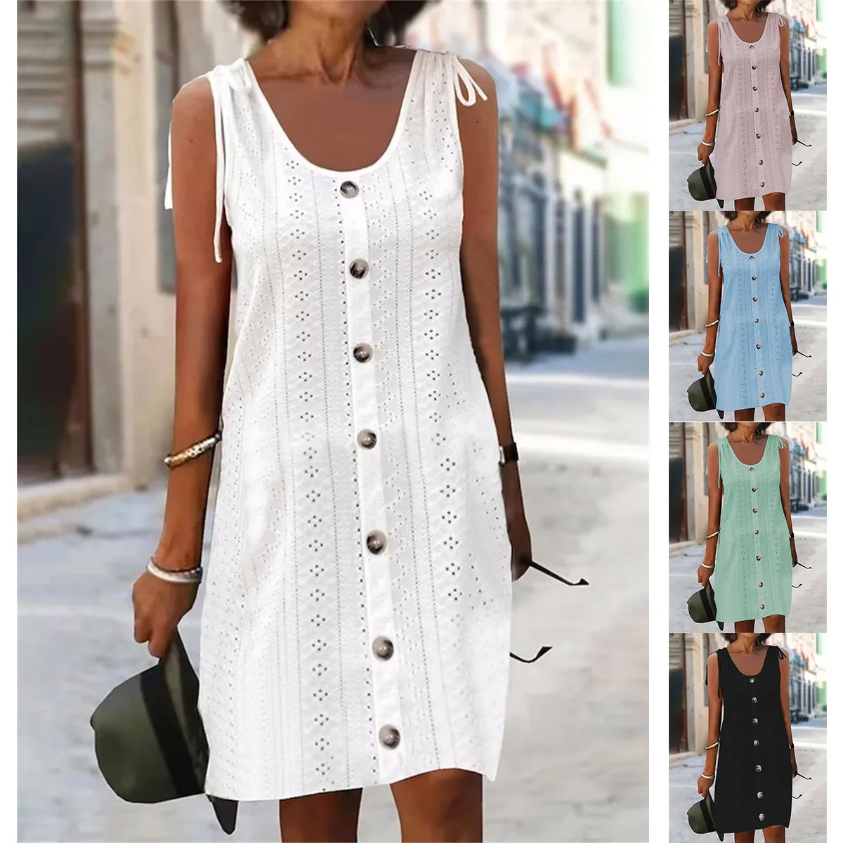 

Hot-selling Summer Women's Vest Skirt U-neck Drawstring Shoulder Strap Button Hollow Simple Fashion Street Vacation Mini Skirt