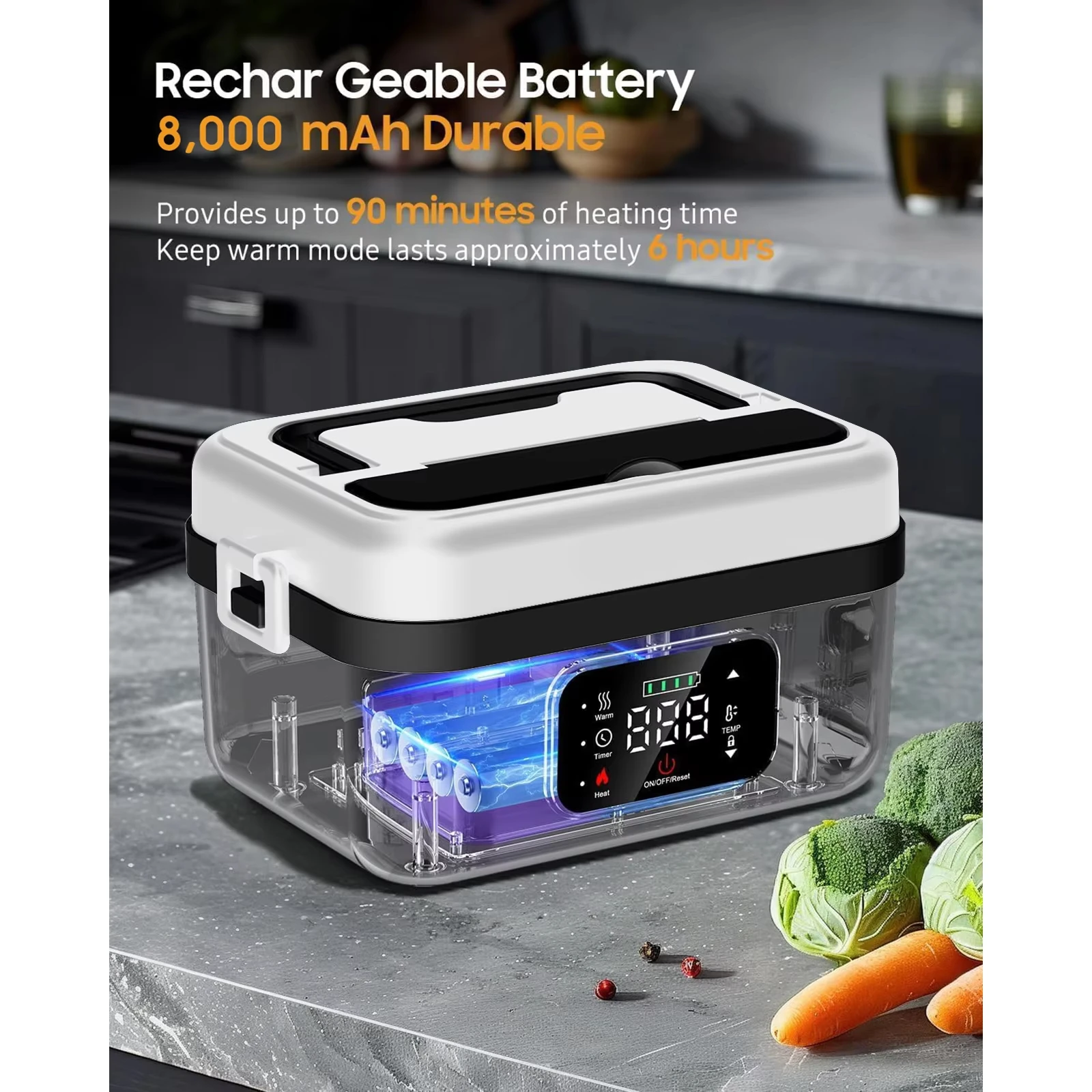 8000mAh Cordless Electric Lunch Box Portable Food Heater for Car Truck Driver 304 Stainless Steel Heated Bento Box for Outdoor Work
