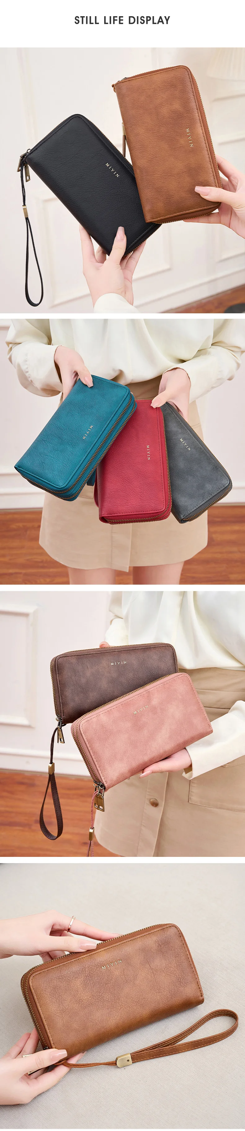 MIYIN Damen-Geldbörse, RFID-Abschirmung, Doppelreißverschluss, Damen-Clutch, Retro, minimalistisch, multifunktional, mit mehreren Kartenfächern, Kartenhalter – Detail 3