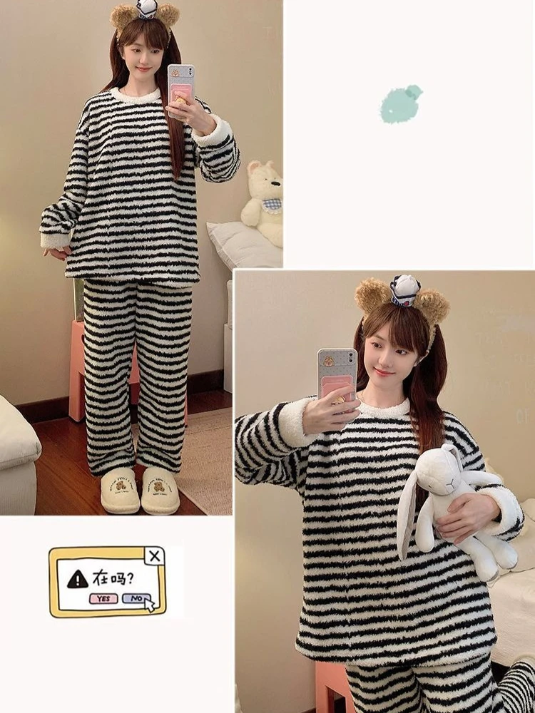 M-5XL حجم كبير النساء شتاء دافئ 2 قطعة مجموعات رشاقته هافت بيجامة من الصوف مجموعة الطلاب الكورية مخطط المتسكعون ملابس المنزل #4