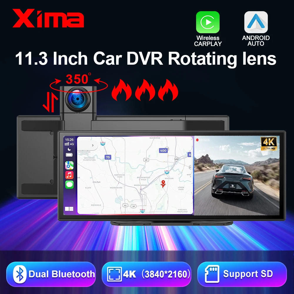 XIMA 11.3 Inch 4K DVR Wireless CarPlay & Android Auto Dashcam Bluetooth Audio GPS Navigation Dashboard Dual Lens Video Recorder