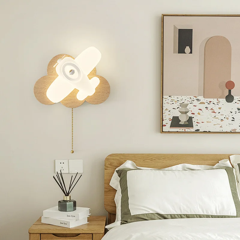 Cream Style Airplane Wall Lamp for Bedroom Bedside Children's Room Modern Creative Cartoon Cloud Design Decorative Lighting