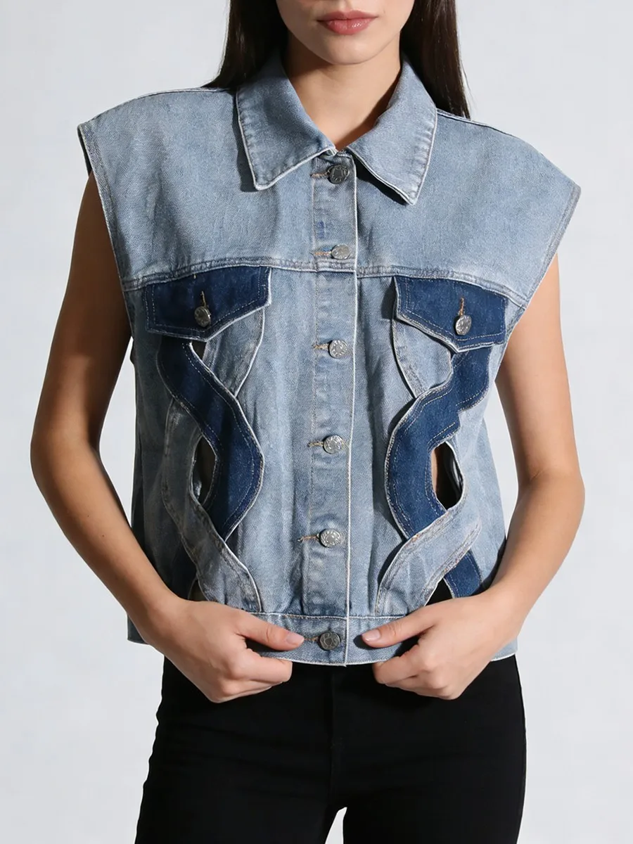 TWOTWINSTYLE Hit Color Hollow Out Fashion Cowboy Vest for Women Lapel Sleeveless Patchwork Metal Buttons Vests Female Clothing