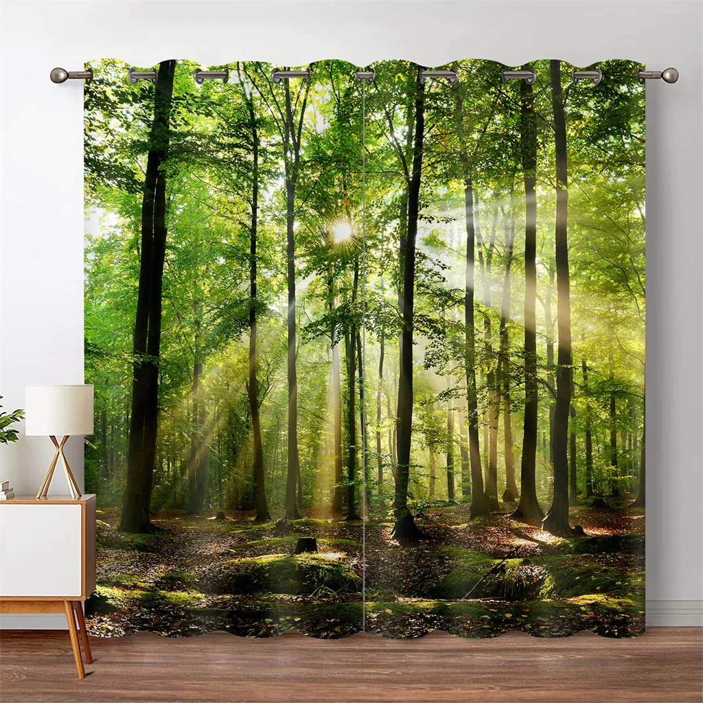 Forest Jungle Tree Natural Scenery Landscape Thin Window Shading Curtains For Living Room Kitchen Bedroom Waterfall 2pcs Decor